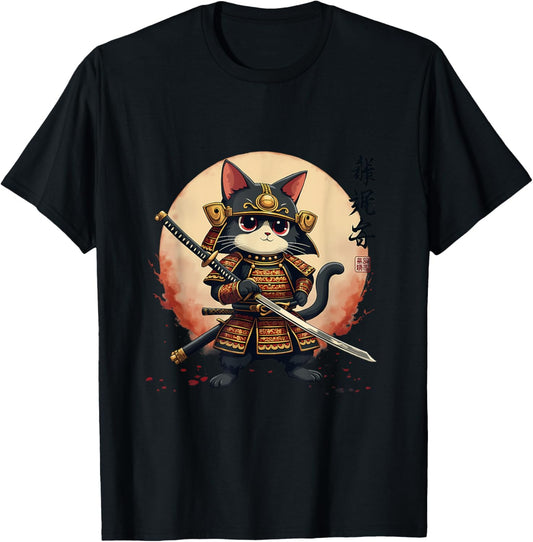 samurai cat graphic warrior art tee Japanese anime men women T-Shirt