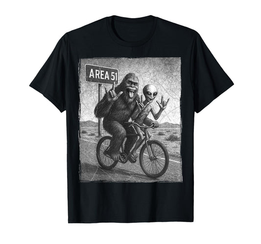 Bigfoot Alien UFO Bike Ride Rock On Area 51 Vintage Funny T-Shirt
