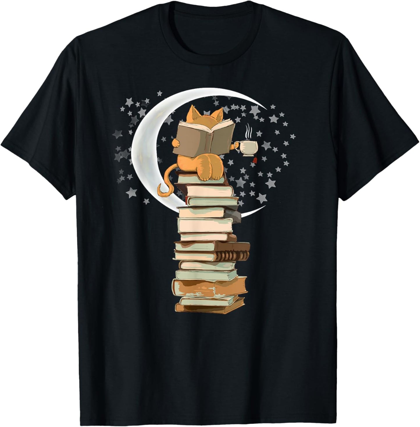 Reading by moonlight, books, coffee and cute cat T-Shirt