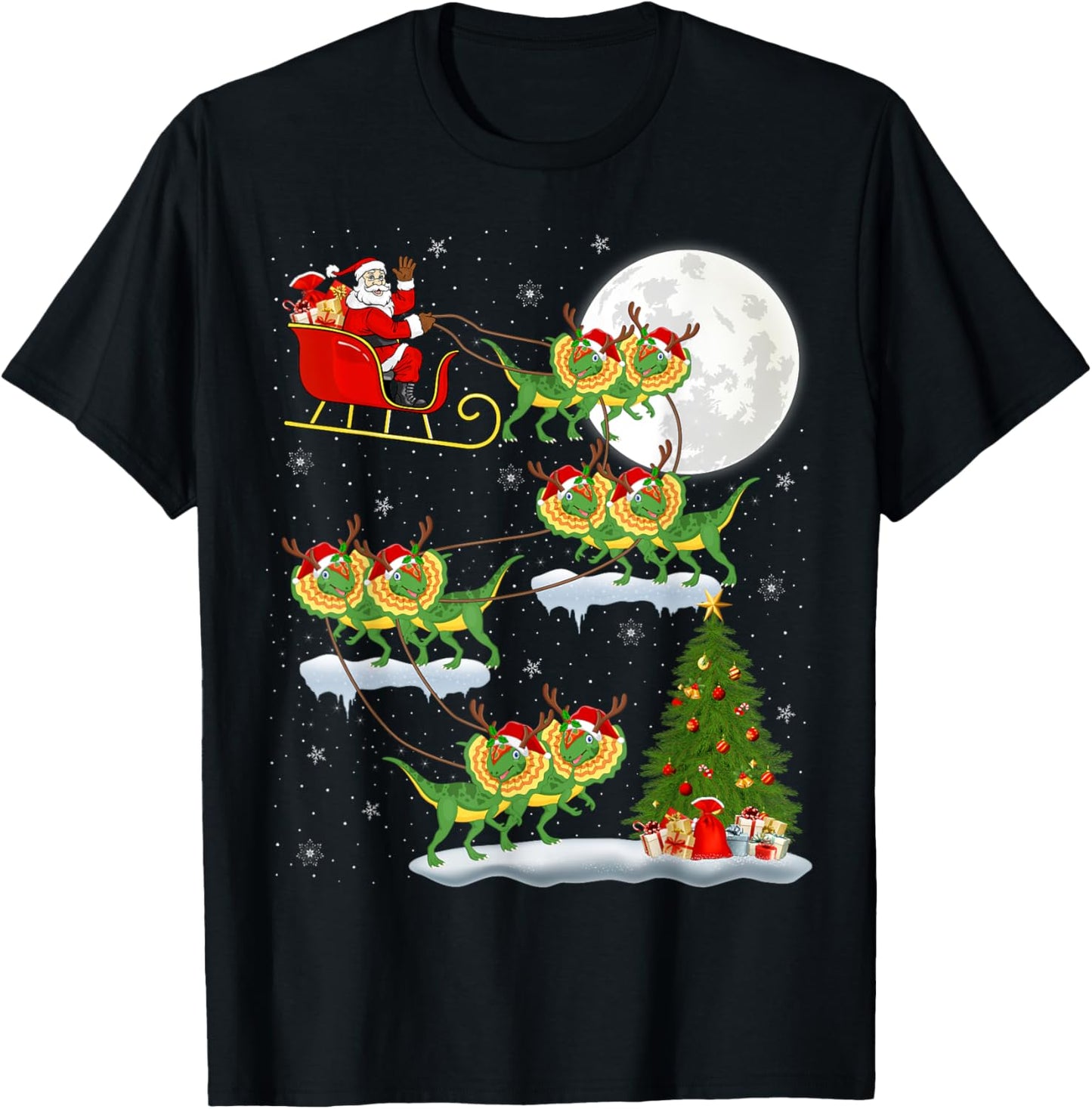 Xmas Lights Santa Riding Dilophosaurus Dinosaur Christmas T-Shirt