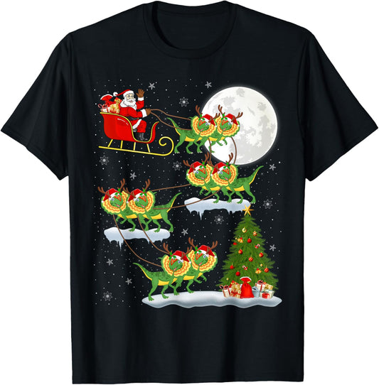 Xmas Lights Santa Riding Dilophosaurus Dinosaur Christmas T-Shirt