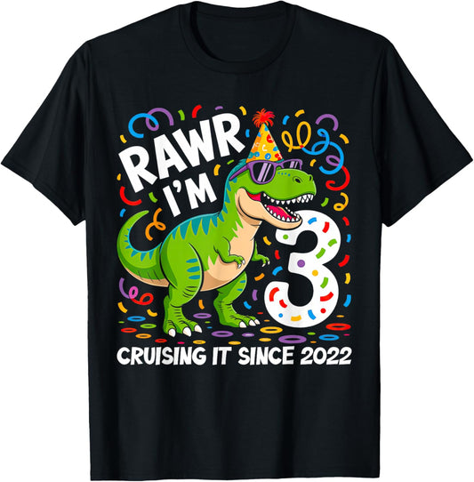Rawr I'm 3 Dinosaur Monster Truck Birthday Tee T-Shirt