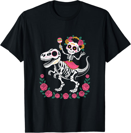Skeleton Riding Dinosaur T Rex Halloween Moon Chase Scene T-Shirt