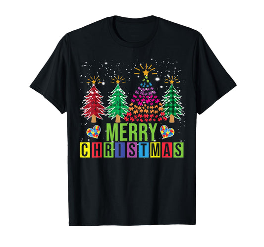 Autism Merry Christmas Tree Buffalo Plaid Matching Family T-Shirt