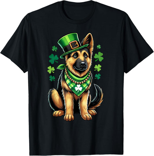 St Patrick Day Lucky Shamrock Leprechaun Dog German Shepherd T-Shirt