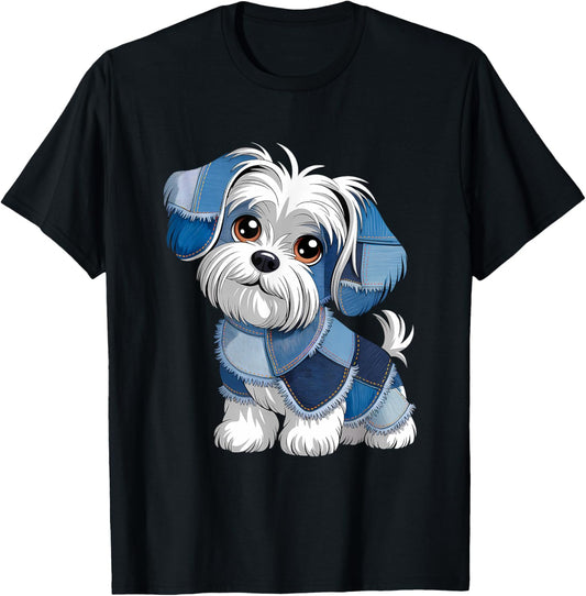 Retro Funny Denim Patch Animal Dog T-Shirt