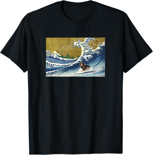 Retro Vintage Surfing Black Long Haired Dachshund Lover T-Shirt