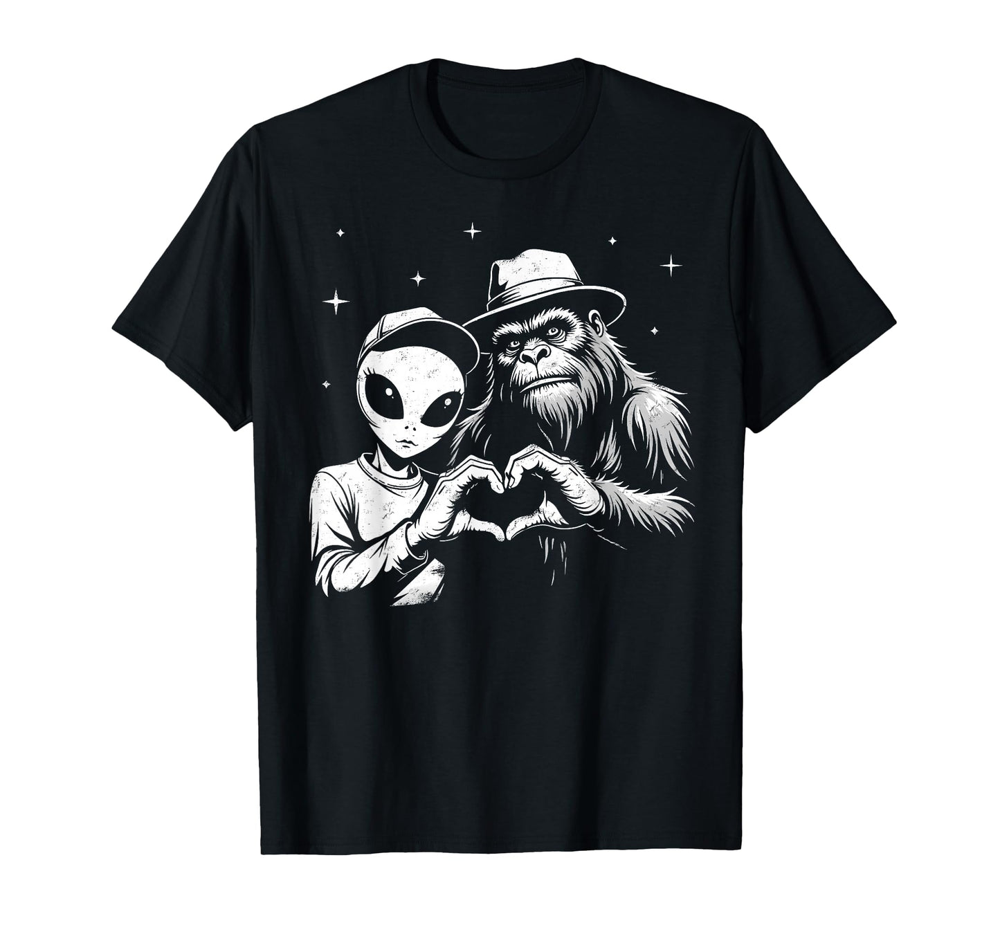 Bigfoot And Alien Love Hand Sign Funny Sasquatch T-Shirt