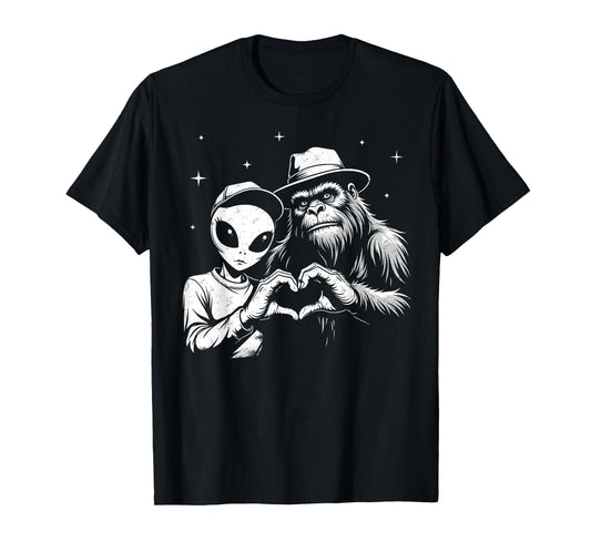Bigfoot And Alien Love Hand Sign Funny Sasquatch T-Shirt