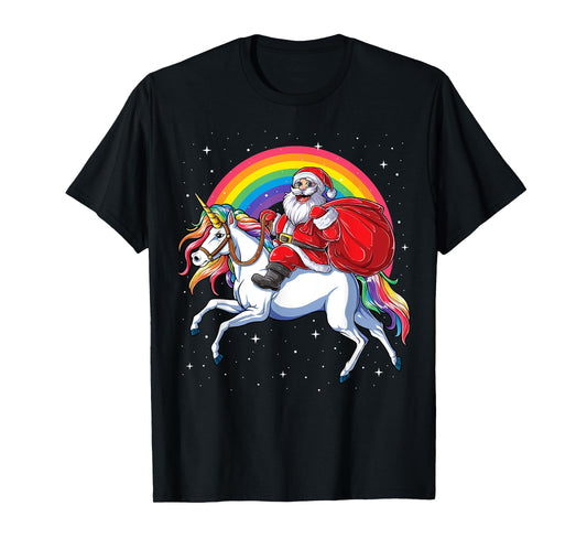 Christmas Santa Riding Unicorn Xmas Girls Women Rainbow T-Shirt