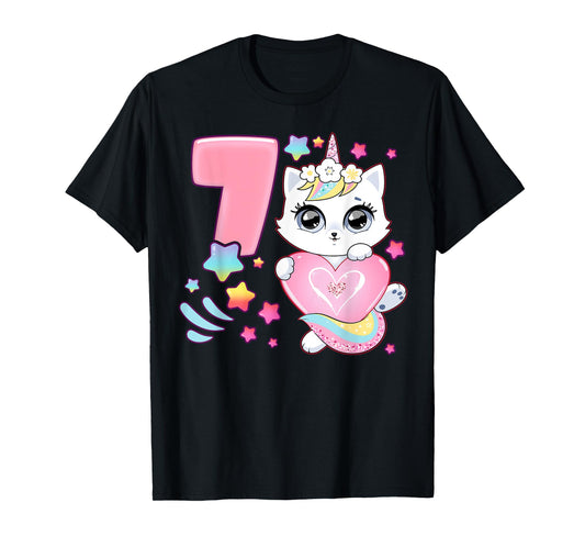 Birthday girl 7 years old, cat, unicorn, 7th birthday T-Shirt