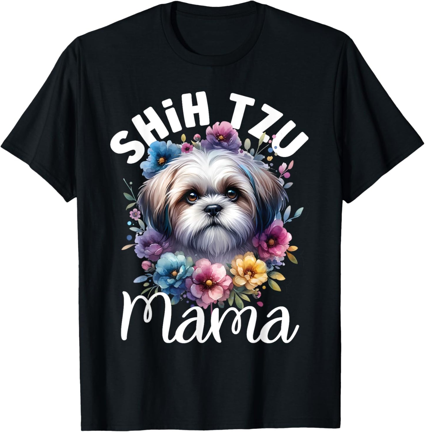 Watercolor Floral Shih Tzu Mama Dog Lovers Mother's Day T-Shirt