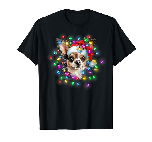 Cute Chihuahua Santa Hat Christmas Light Xmas T-Shirt