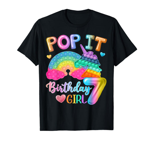 Kids Pop It Birthday Girl 7 for 7yr Old Girls Unicorn Party T-Shirt