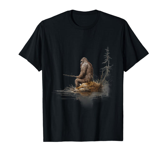 Fishing Bigfoot Sasquatch T-Shirt - Unisex Adults & Kids - Black - Small - Short Sleeve - Modern - Cartoon - T-Shirt - Fishing Themed - All Seasons