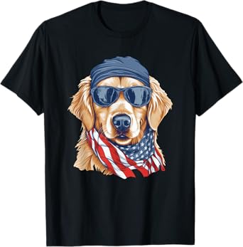 Golden Retriever Sunglasses Bandana Patriotic American Flag Women Kids Men T-Shirt