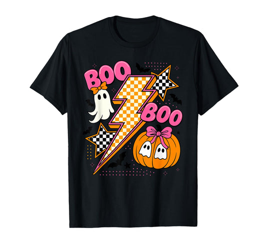 Retro Halloween Lighting Checkered Ghost Pumpkin Bow Outfit T-Shirt