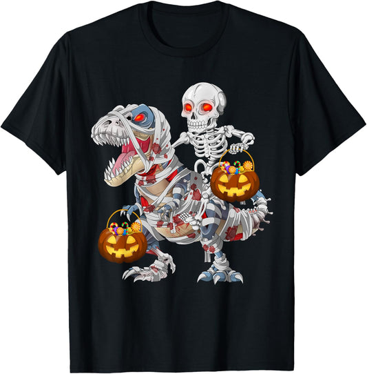 Skeleton Riding Mummy Zombine Dinosaur Halloween Pumpkin T-Shirt