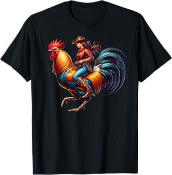 Funny Cowgirl Riding Rooster Country Life Western Girls T-Shirt