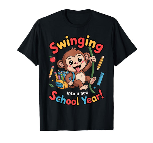 Swinging Monkey Back to School Playful Cartoon Design T-Shirt