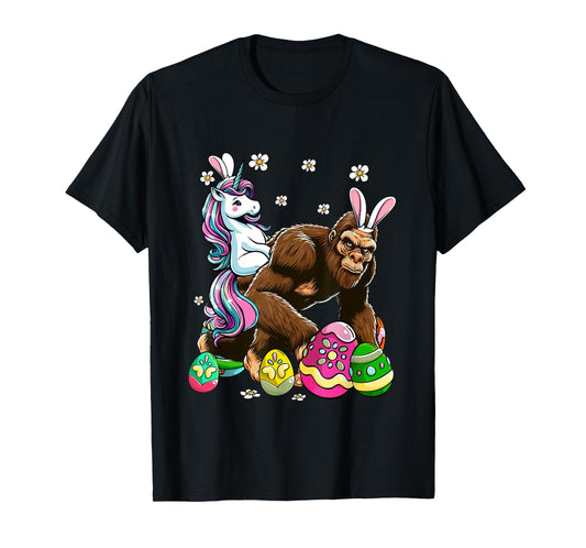 Bunny Unicorn Riding Bigfoot Flowers Easter Day Hunting Eggs T-Shirt