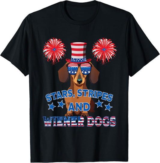 Dachshund Doxie Wiener Dog USA Flag July 4th Fourth Stars T-Shirt
