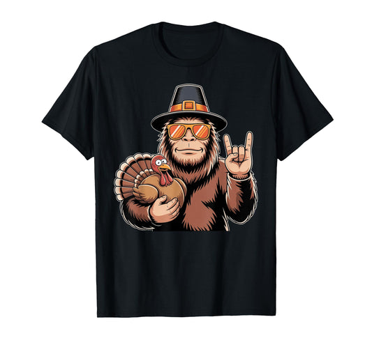 Thanksgiving Bigfoot Turkey Rock n Roll Bigfoot Sasquatch T-Shirt