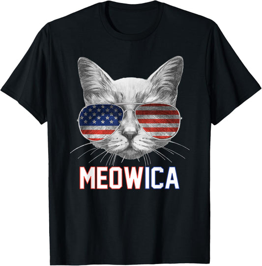 Meowica Cat 4th of July Patriotic Fourth Merica Cat USA Flag T-Shirt