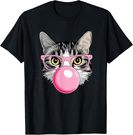 Funny Cat with Glasses Blowing Bubble Gum T-Shirt