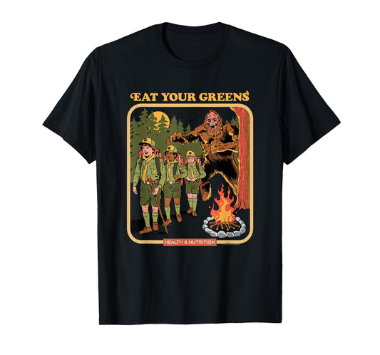 Steven Rhodes Eat Your Greens Bigfoot Retro Dark Humor T-Shirt
