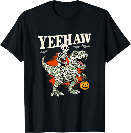 Halloween Skeleton Riding Mummy T Rex Funny T-Shirt
