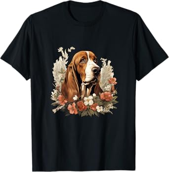 Basset Hound Dog Watercolor With Flowers Floral Border T-Shirt