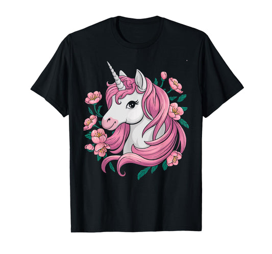 Cute Unicorn With Cherry Blossoms Magical Fantasy Art T-Shirt