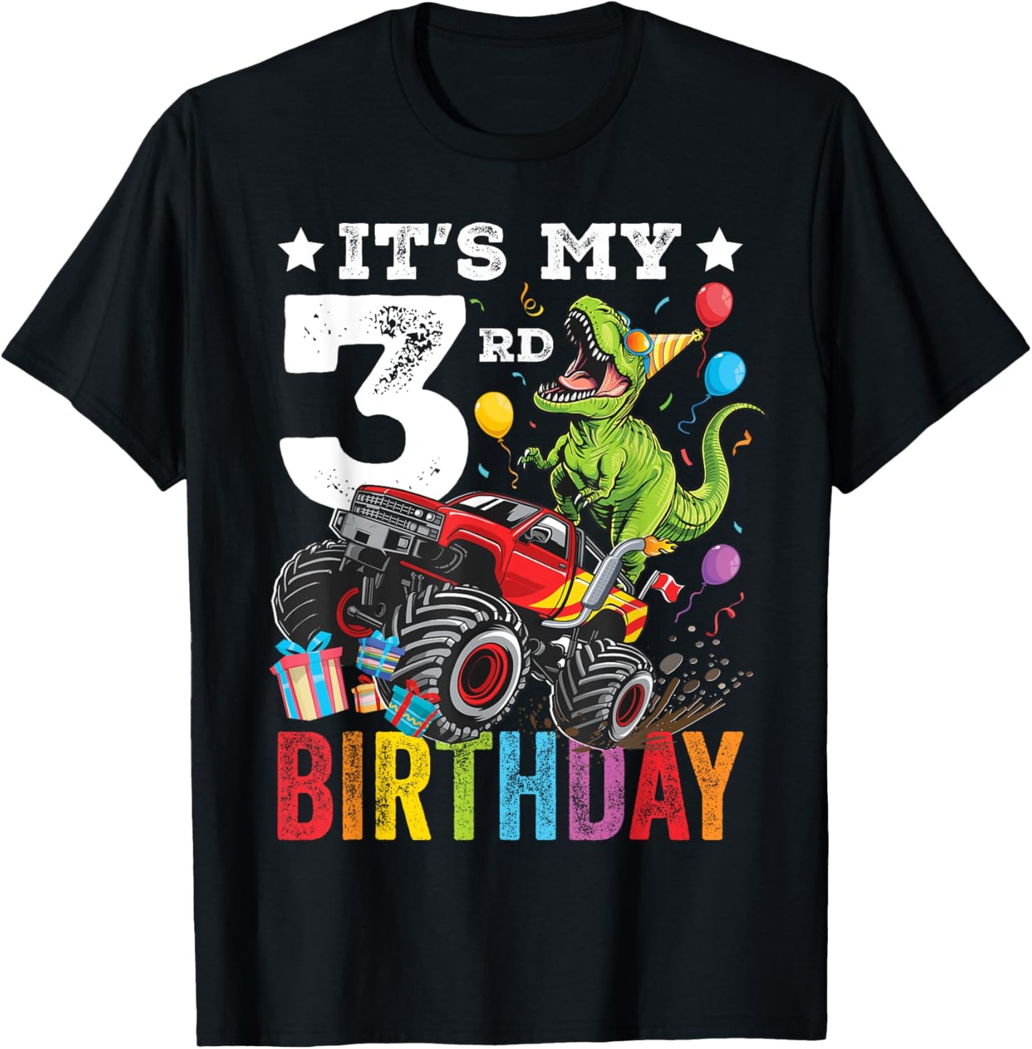 Three 3rd Birthday Dinosaur Monster Truck T-Shirt