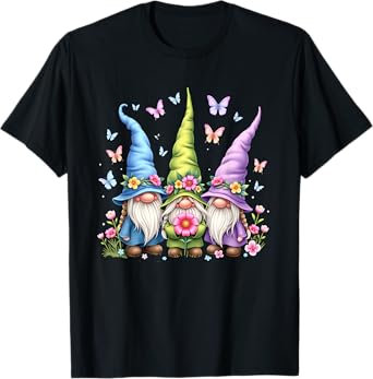 Whimsical Gnome Trio with Flowers and Butterflies T-Shirt