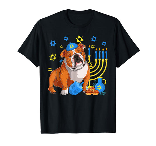 Jewish English Bulldog Dog Kippah Menorah Hanukkah Pajama T-Shirt