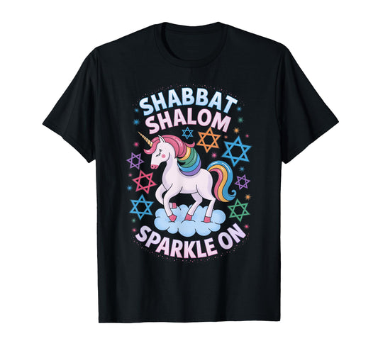 Funny Jewish Unicorn Hanukkah Shabbat Shalom Sparkle On T-Shirt
