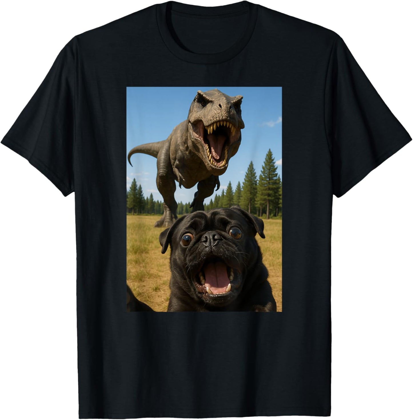 Funny Black Pug Dinosaur Trex Selfie Animal Lover Mom Dad T-Shirt