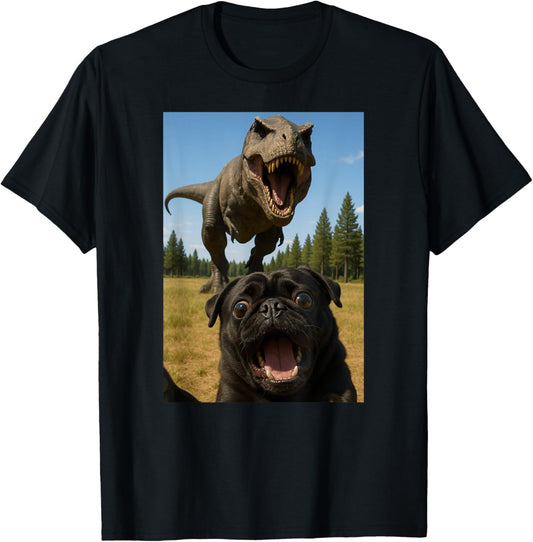 Funny Black Pug Dinosaur Trex Selfie Animal Lover Mom Dad T-Shirt