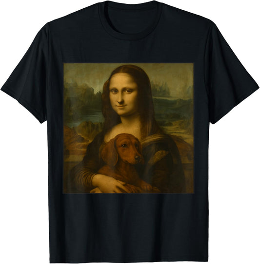 Mona Lisa Holding Dachshund Funny Dog Lover Art Wiener Dog T-Shirt