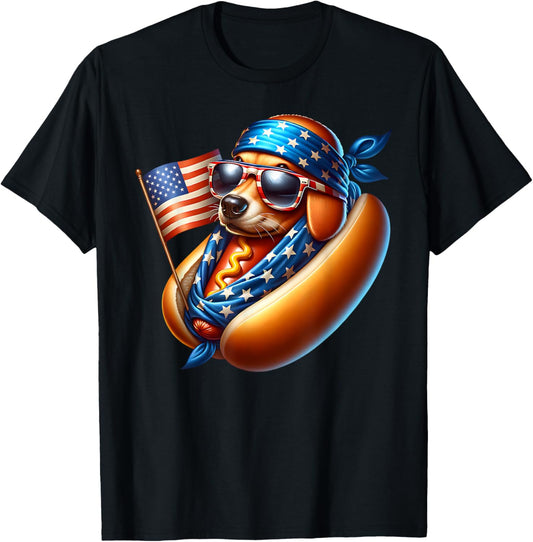 Funny Hot Dog Patriotic American Flag USA 4th Of July Hotdog T-Shirt