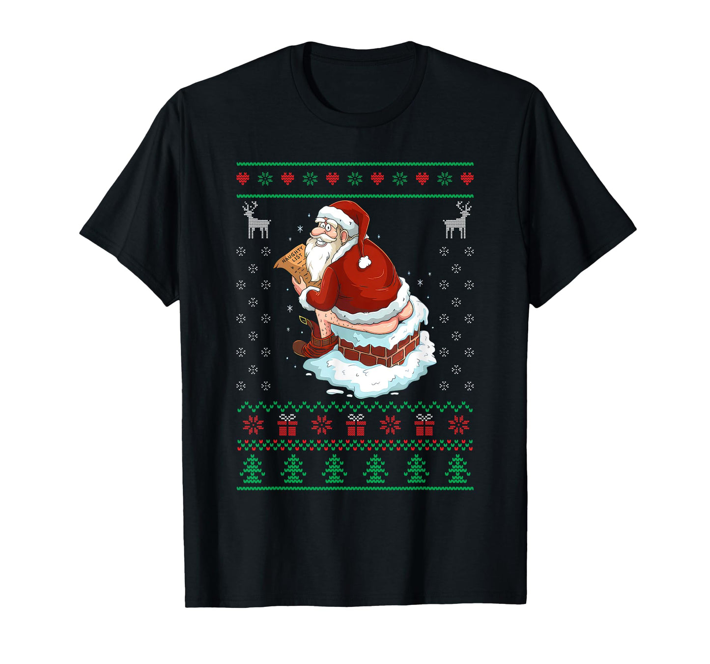 Funny Santa Pooping Down the Chimney Ugly Sweater Christmas T-Shirt