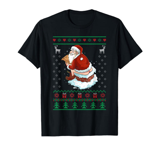 Funny Santa Pooping Down the Chimney Ugly Sweater Christmas T-Shirt
