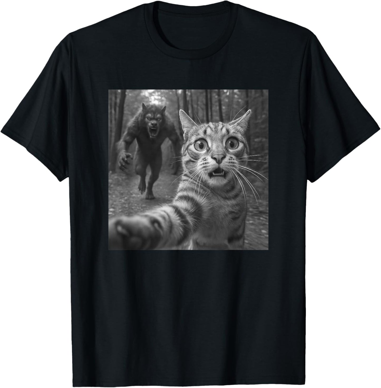 Funny Cat Selfie Werewolf Chase Scary Monster Gift T-Shirt
