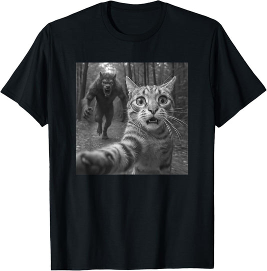Funny Cat Selfie Werewolf Chase Scary Monster Gift T-Shirt