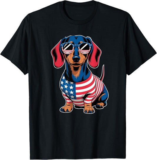 Vintage Dachshund 4th Of July Dog Patriotic USA Flag Dog T-Shirt