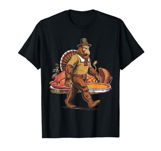 Bigfoot Pilgrim Turkey Pumpkin Thanksgiving Day Boys Men T-Shirt