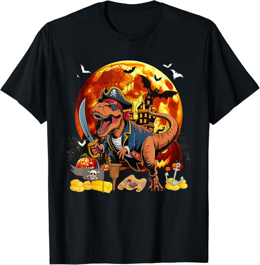 T-Rex Cosplay Pirate Halloween Moon Horror Carved Pumpkins T-Shirt