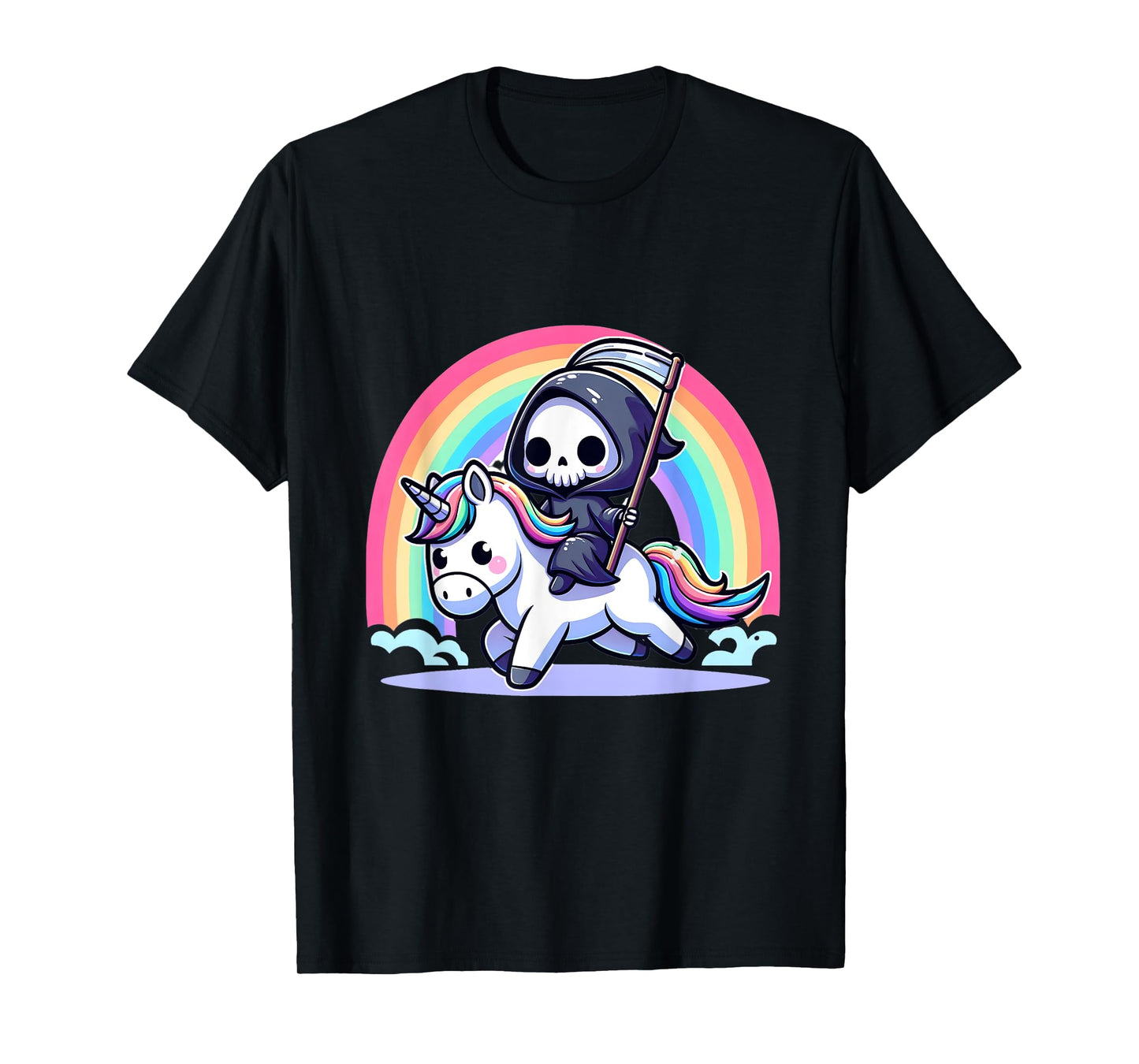 Grim Reaper Riding Unicorn Funny Rainbow Heavy Metal T-Shirt