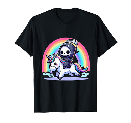 Grim Reaper Riding Unicorn Funny Rainbow Heavy Metal T-Shirt